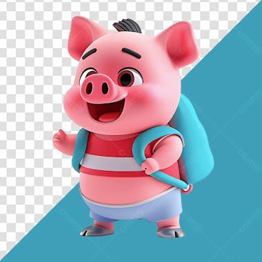 Elemento 3d personagem fofo de porco sorrindo com mochila azul nas costas