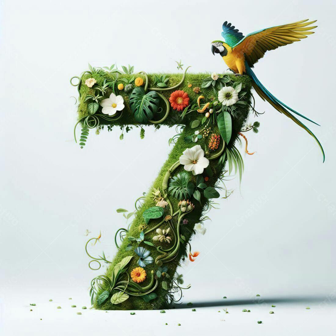 Número 7 em vegetação exuberante com arara
