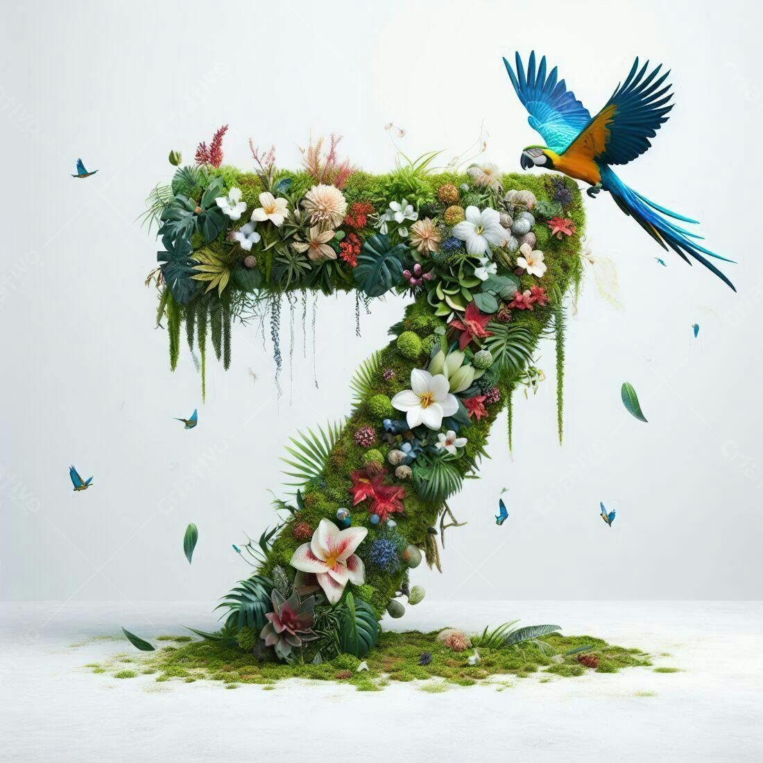 Número 7 em flores e plantas com arara