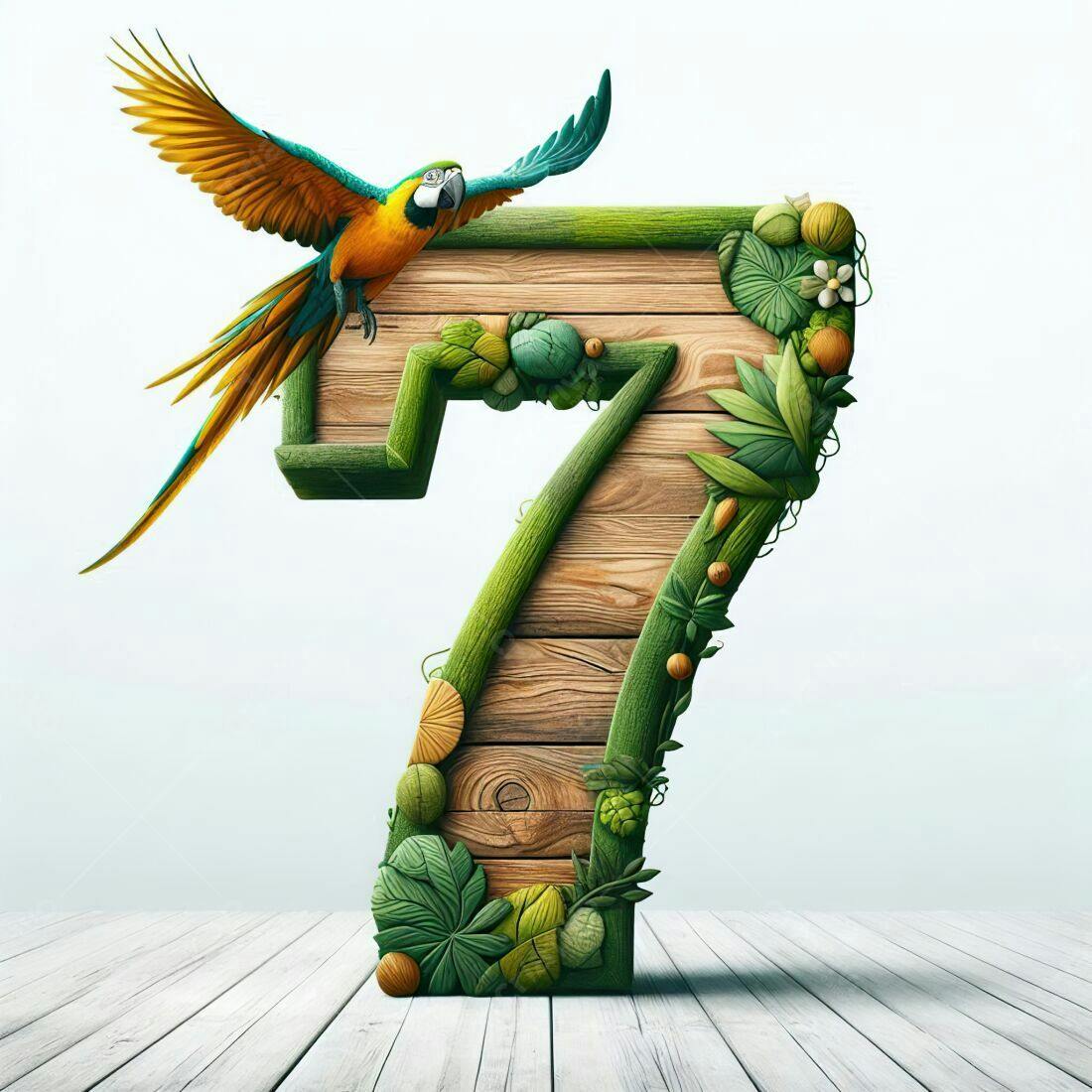 Número 7 com Arara e Folhas Tropicais