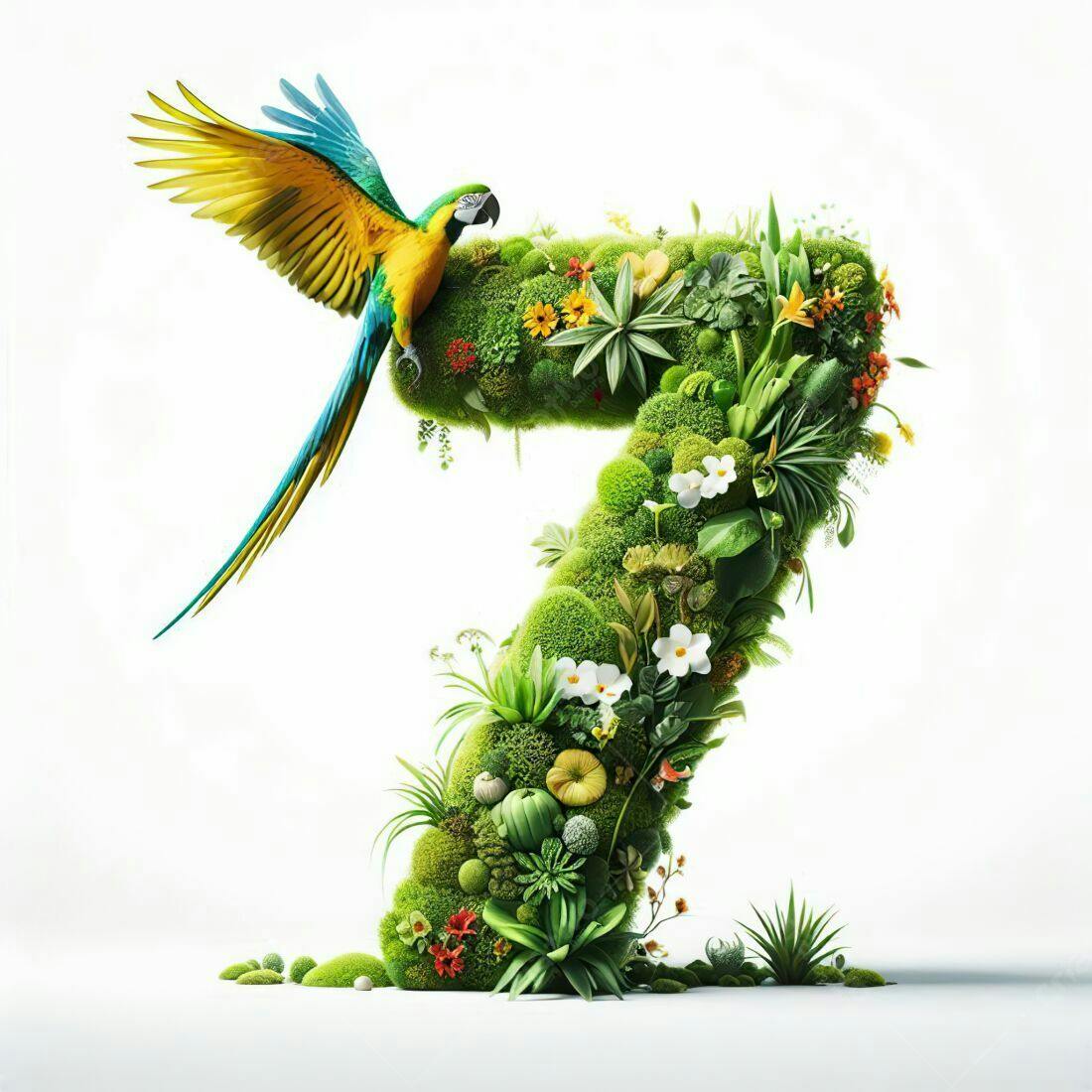 Arara e número 7 em musgo e flores
