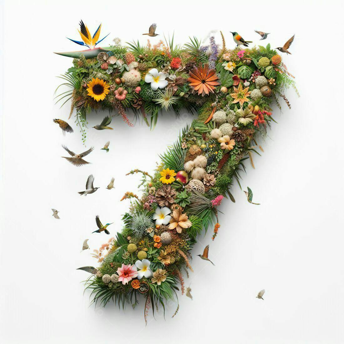 Número 7 em flores e pássaros tropicais