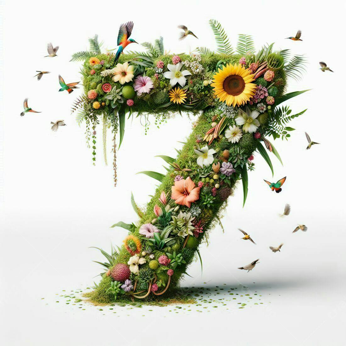 Número 7 em flores e pássaros