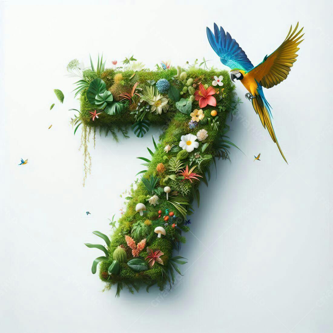 Número 7 em musgo com flores e arara