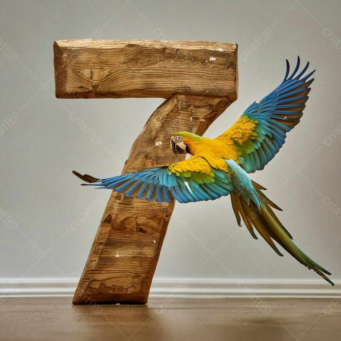 Arara-Azul-e-Amarela voando próximo a número 7 de madeira