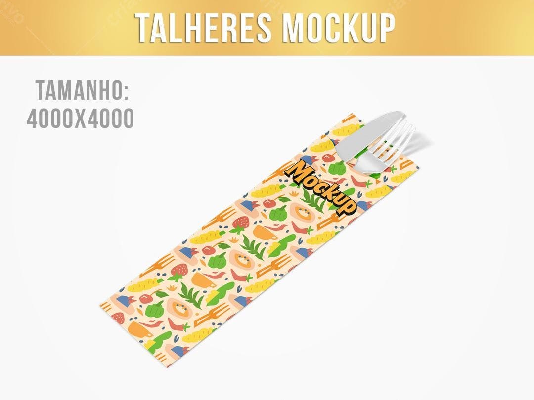 Mockup Embalagem Talheres: Design Moderno com Frutas e Vegetais