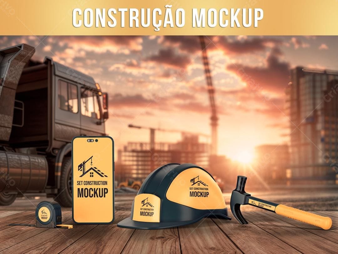 Mockup Realista: Smartphone, Capacete e Martelo em Construção