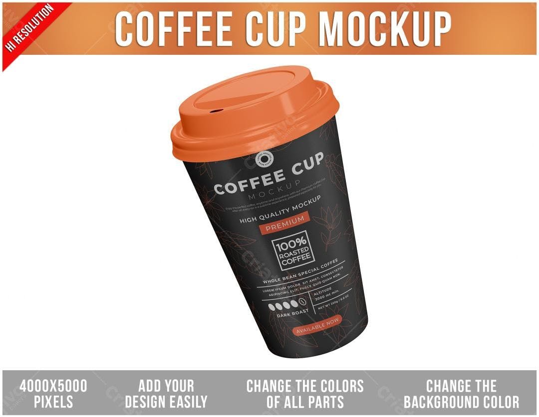 Mockup Realista de Copo de Café: Preto e Laranja