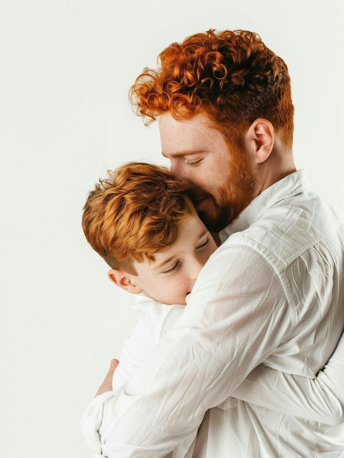 Pai e filho ruivos se abraçando