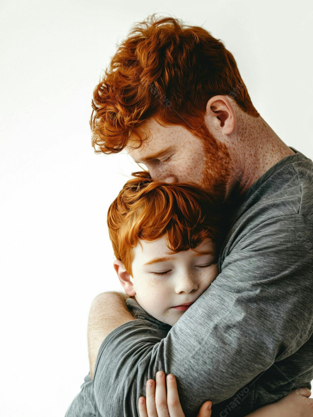 Pai e filho ruivos se abraçando
