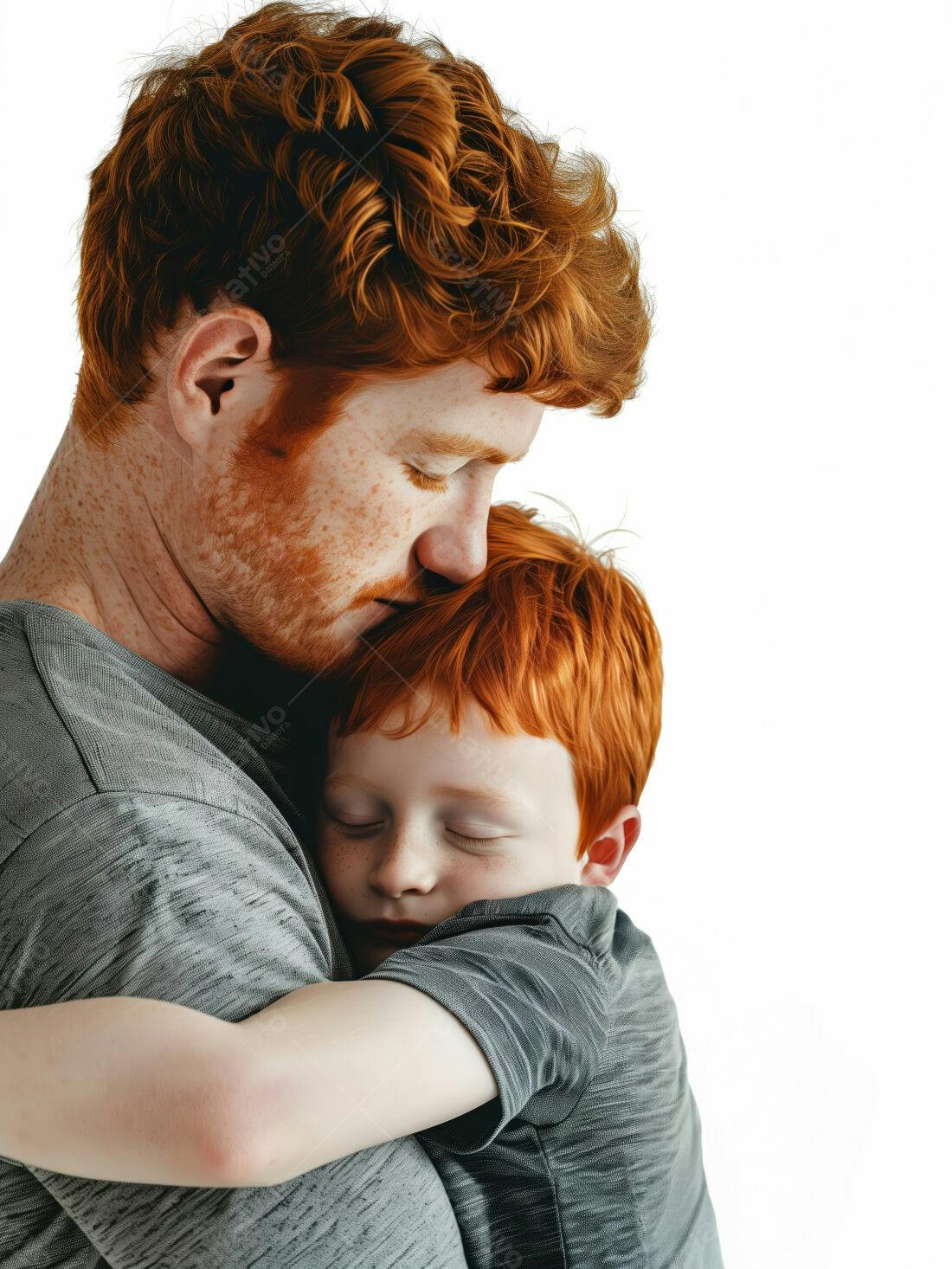 Pai e filho ruivos se abraçando
