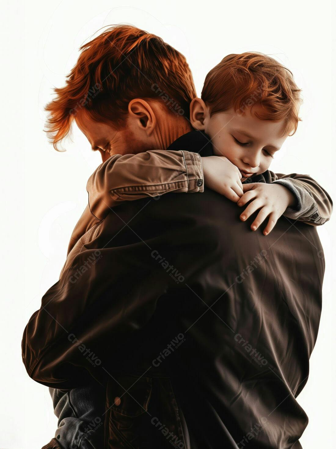 Pai e filho ruivos se abraçando com carinho