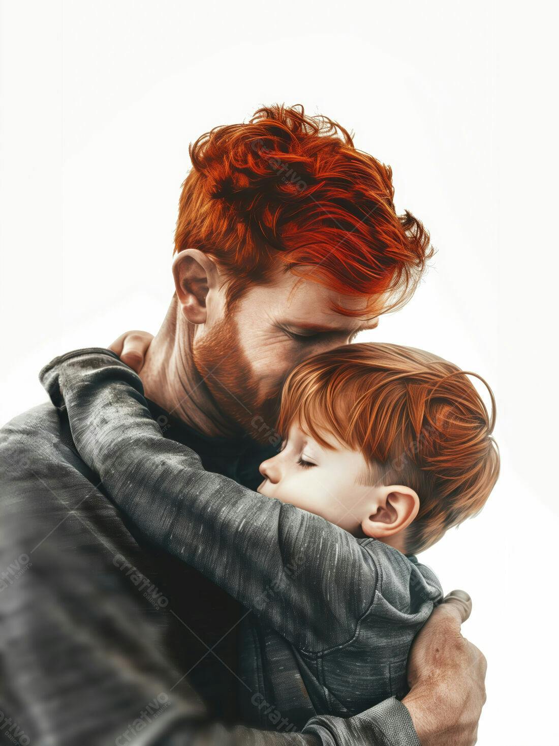 Pai e filho ruivos se abraçando