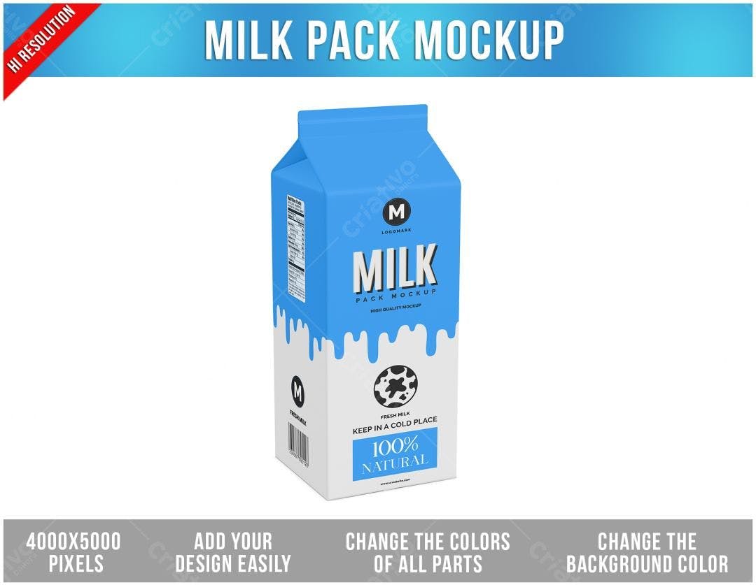 Mockup Realista de Embalagem de Leite: Azul e Branco