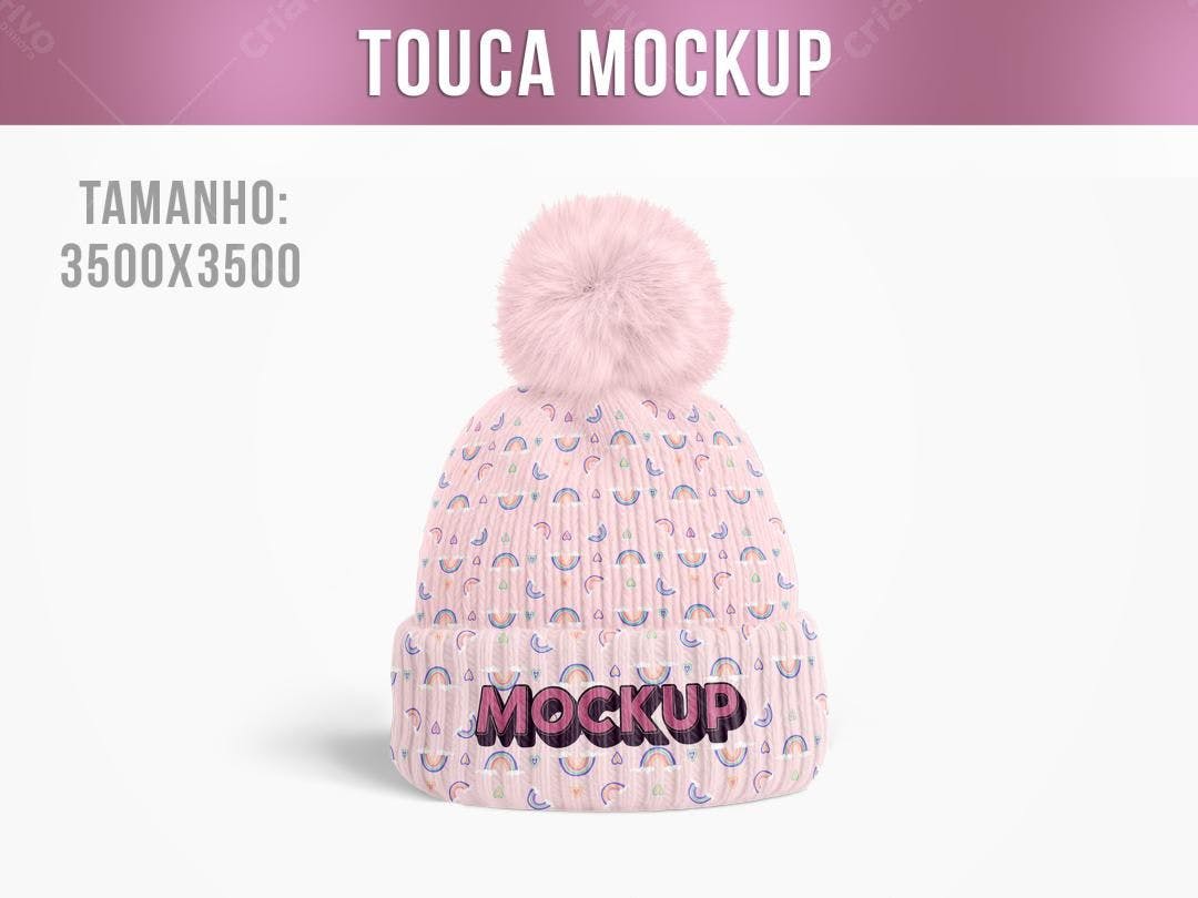Mockup de Touca Rosa com Pompom e Estampa Infantil