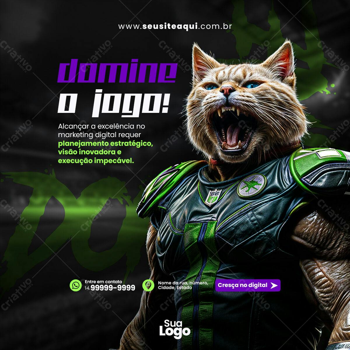Post para Marketing Digital com Gato Jogador de Futebol Americano PSD Editável