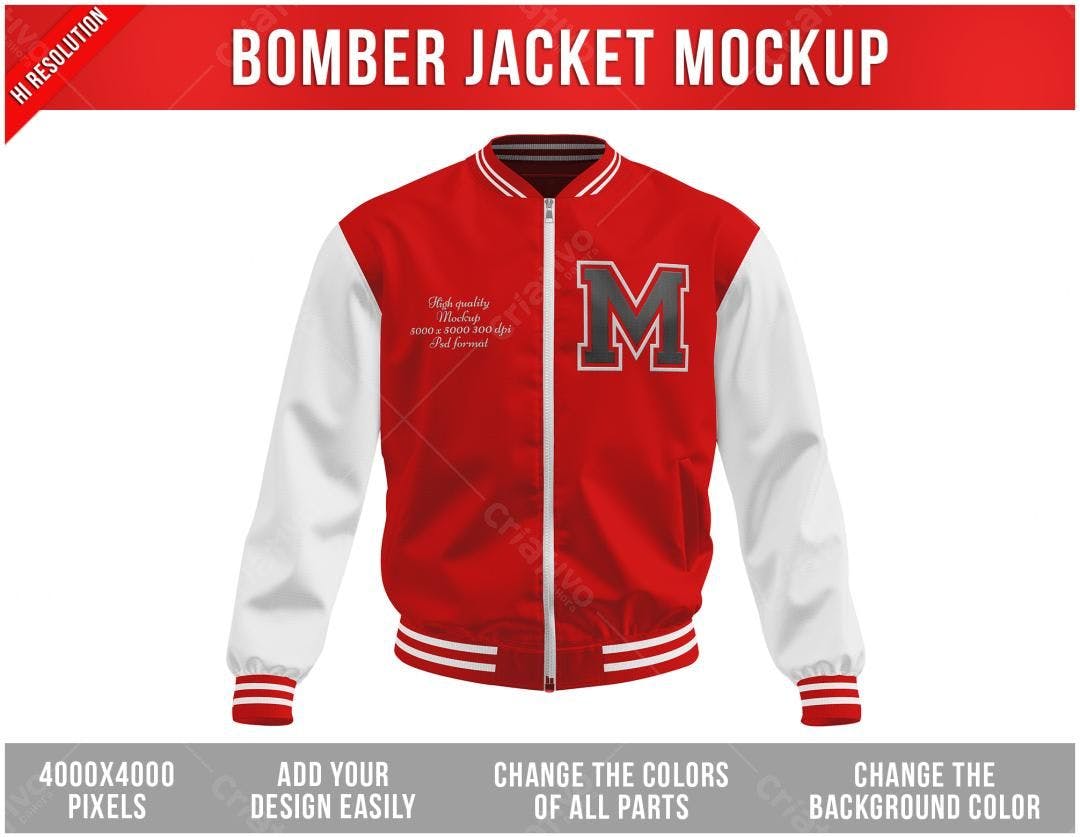Mockup Jaqueta Bomber Vermelha e Branca - Estilo Universitário