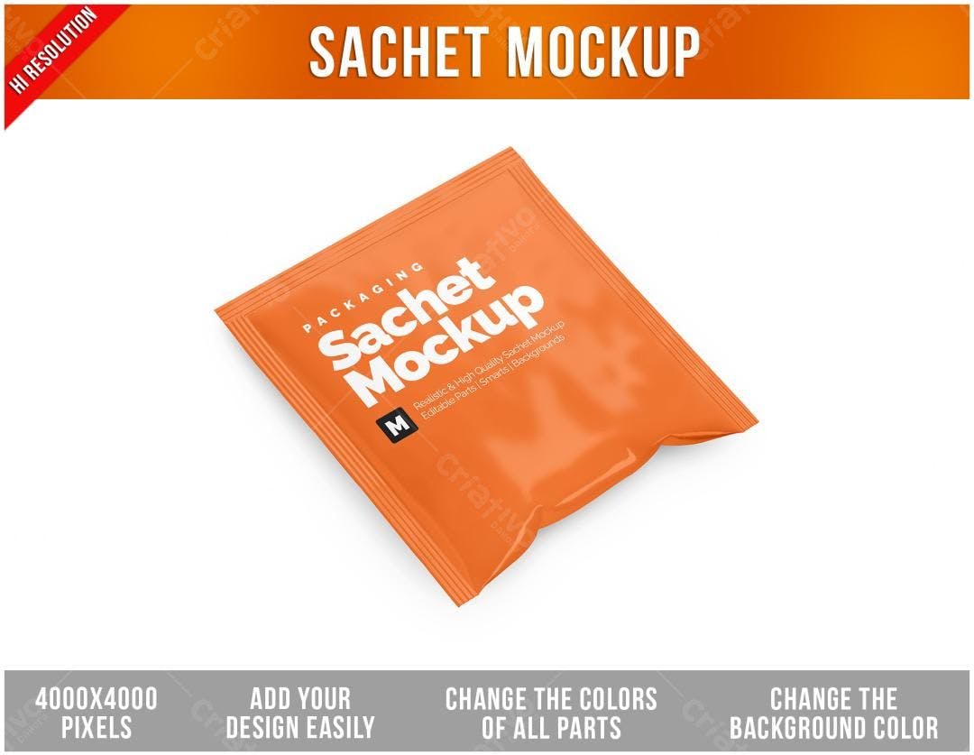 Mockup de Sachet Laranja para Embalagem de Alimentos