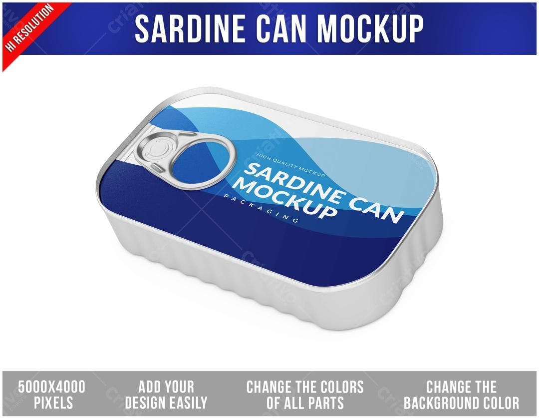 Mockup de Lata de Sardinha: Design Moderno em Azul e Prata