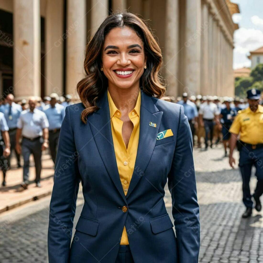 Mulher sorridente em terno azul marinho e camisa amarela