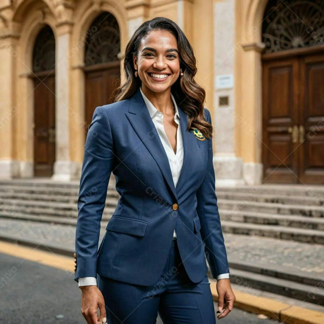 Mulher negra sorridente em terno azul claro