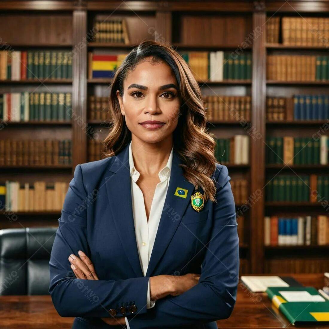 Mulher executiva brasileira em biblioteca