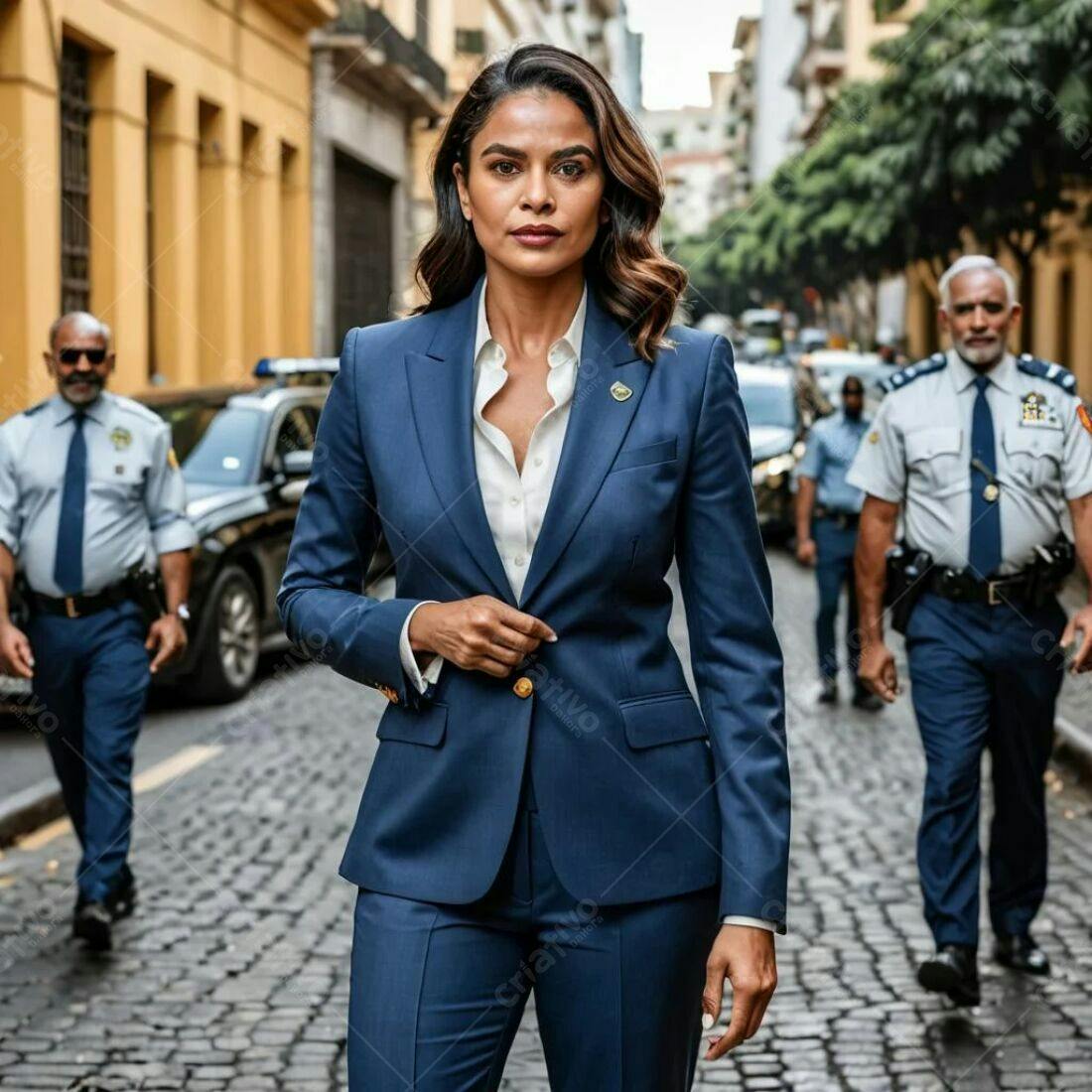 Mulher executiva em traje azul andando em rua de paralelepípedos