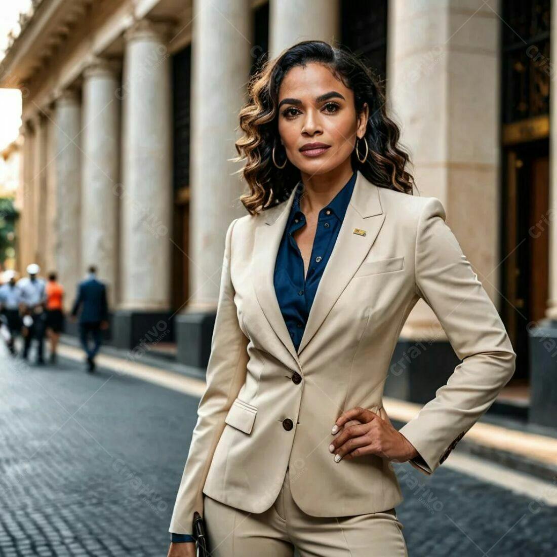 Mulher executiva em traje bege em ambiente urbano