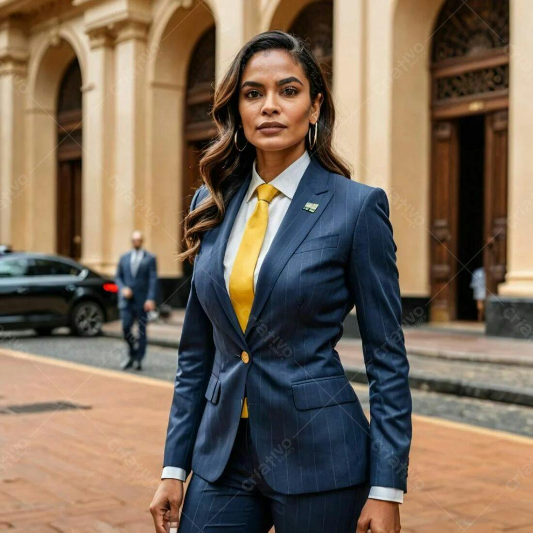 Mulher executiva em terno azul marinho e gravata amarela