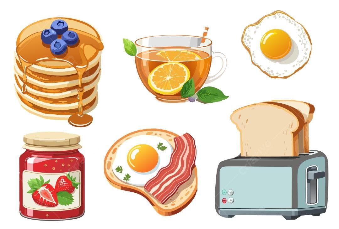 Ilustração vetorial de café da manhã com panquecas, ovos e torrada
