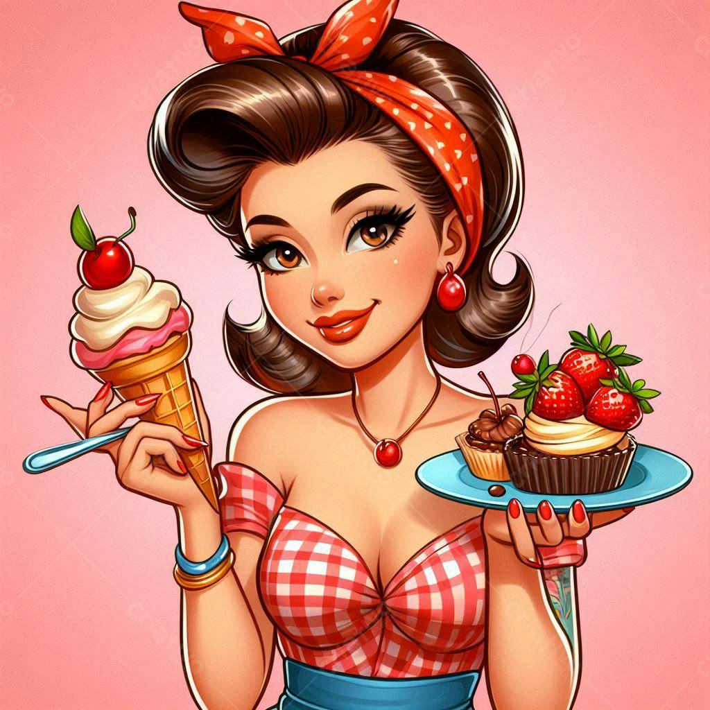 Pin-up Girl com Sorvete e Doces