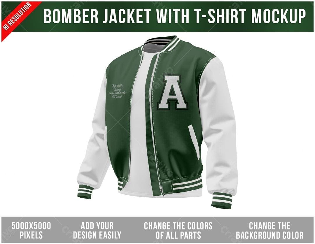 Mockup Jaqueta Bomber e Camiseta Verde e Branca