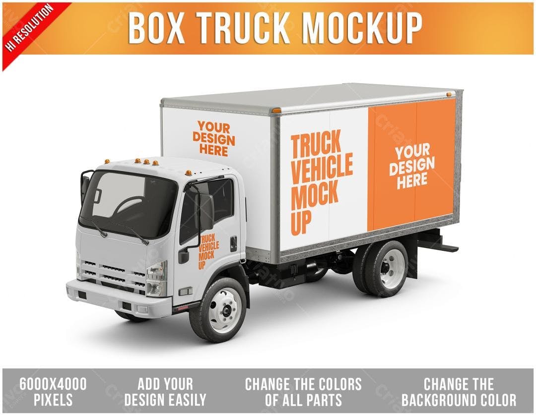 Mockup Realista de Caminhão de Entrega: Branco e Laranja