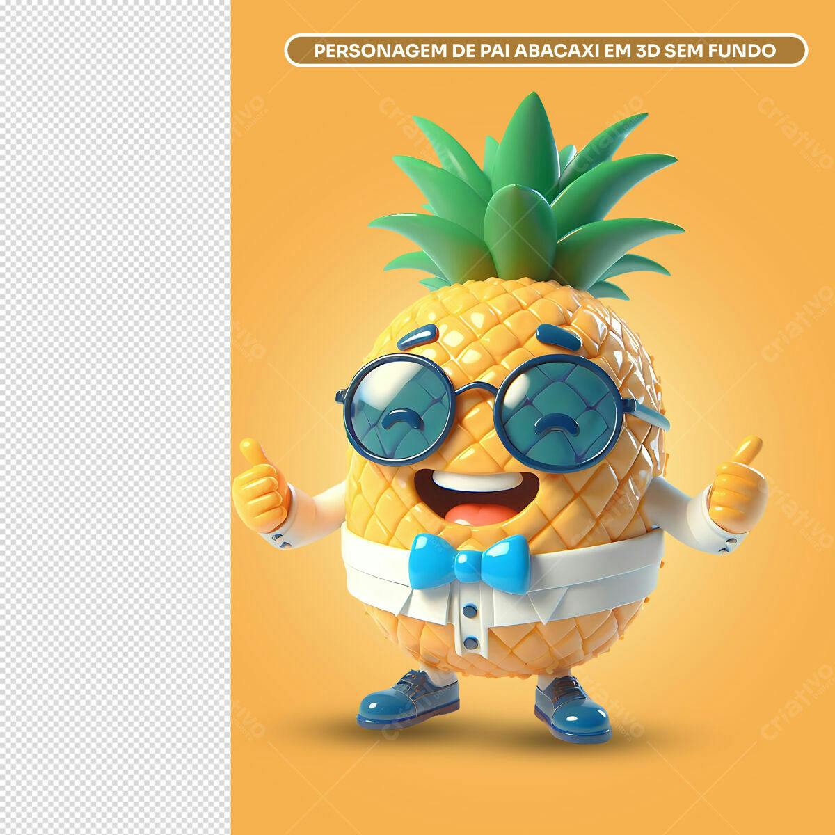 Personagem Abacaxi Estilo Cartoon PSD Editável