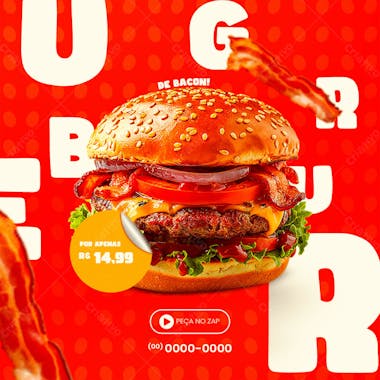 Burguer de bacon peça no zap psd editável hamburgueria