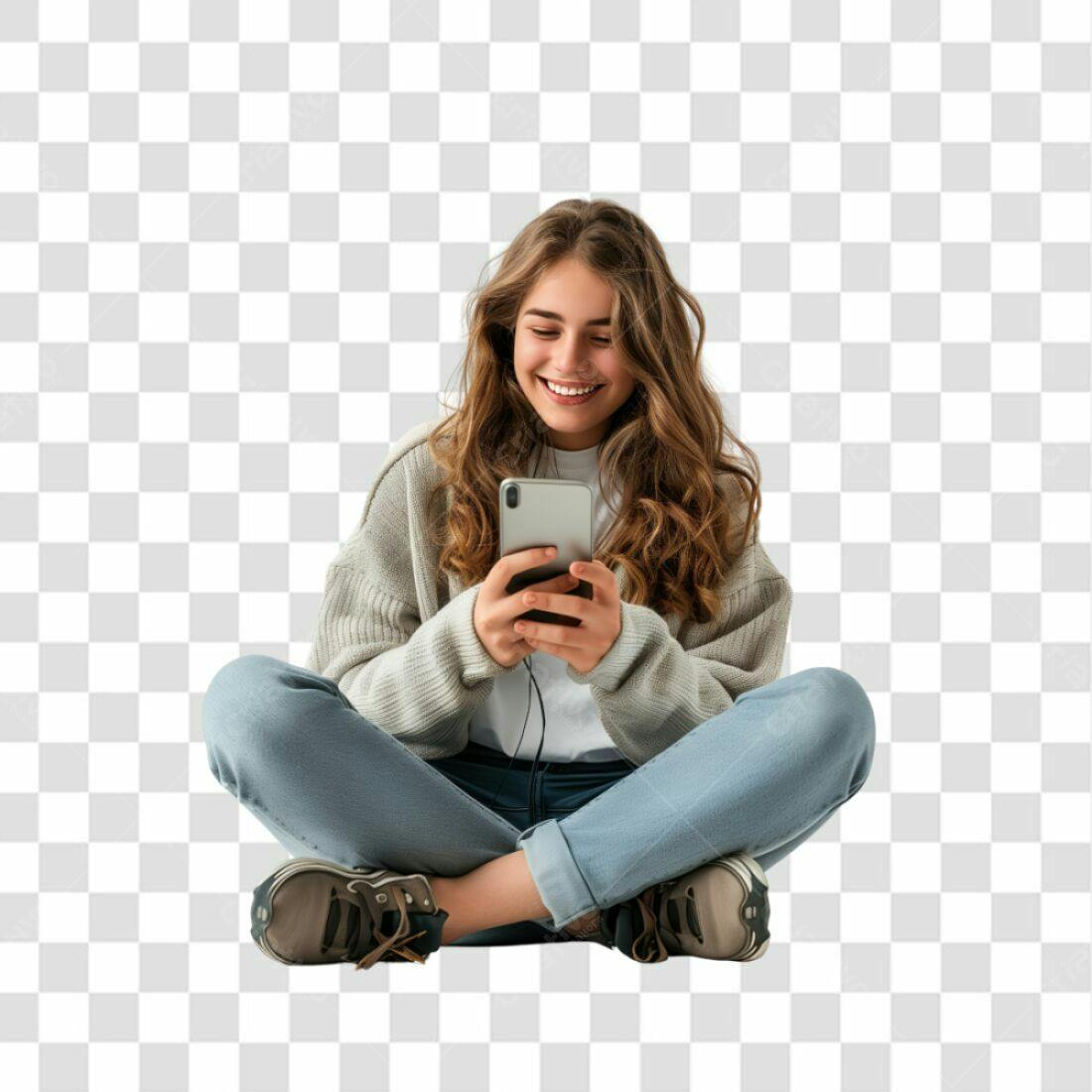 Icone garota usando celular PNG com fundo transparente