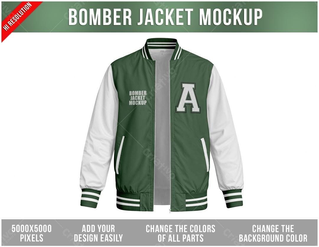 Mockup Jaqueta Bomber Verde e Branca - Estilo Universitário