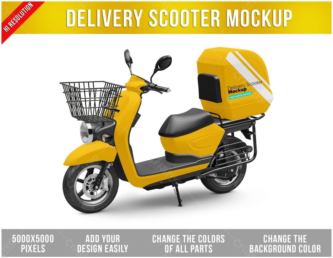 Mockup Realista de Scooter de Entrega Amarela