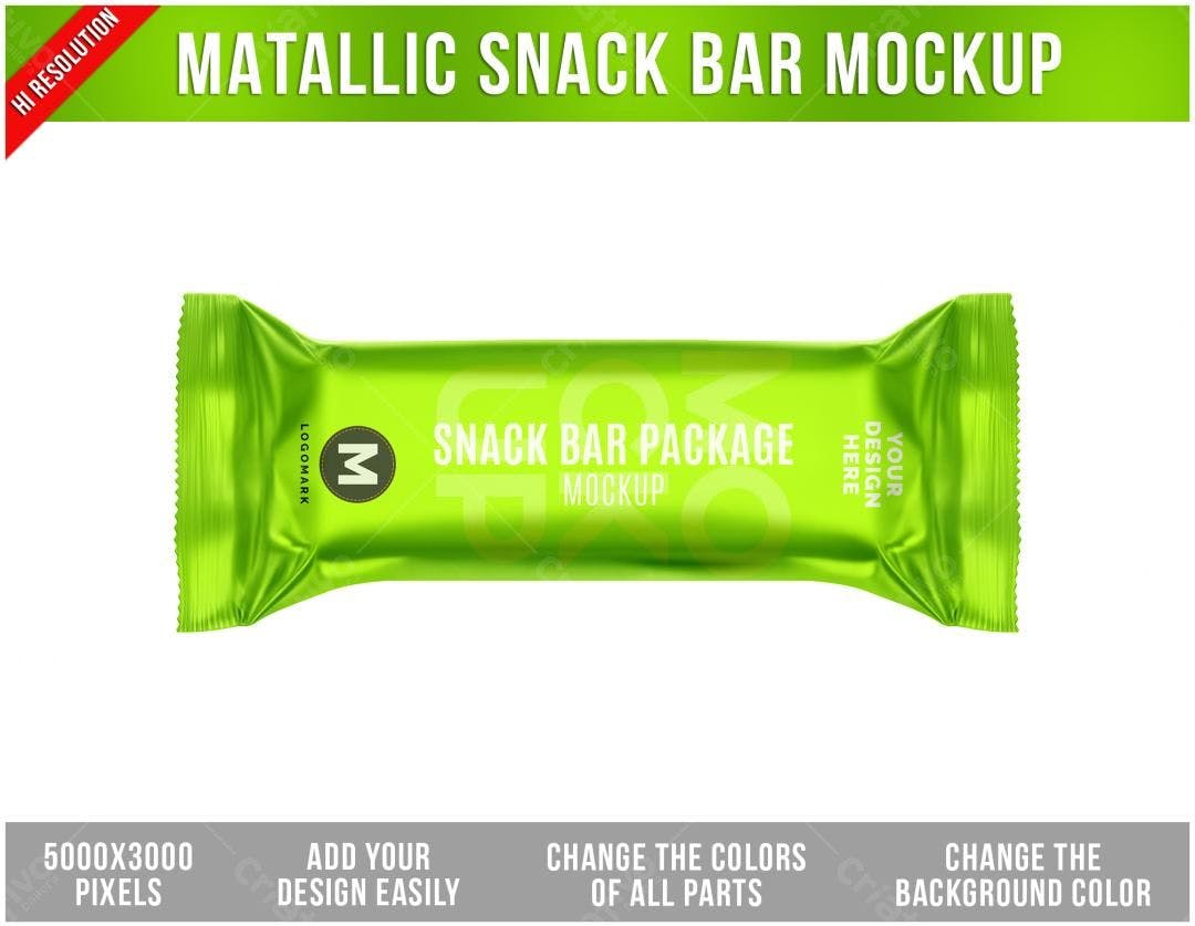 Mockup Embalagem Barra de Cereal Metálica Verde