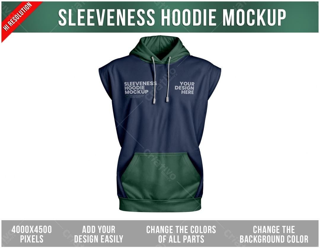 Mockup Camiseta Hoodie Sem Mangas Azul e Verde