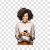 A woman with curly hair is smiling while using the phone