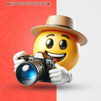 3D Emoji Com Chapéu Segurando Câmera Sem Fundo