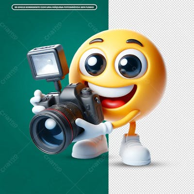 3D Emoji Sorridente Com Uma Máquina Fotográfica Sem Fundo