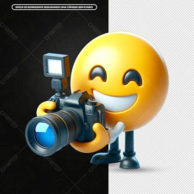 Emoji 3d sorridente segurando uma câmera sem fundo