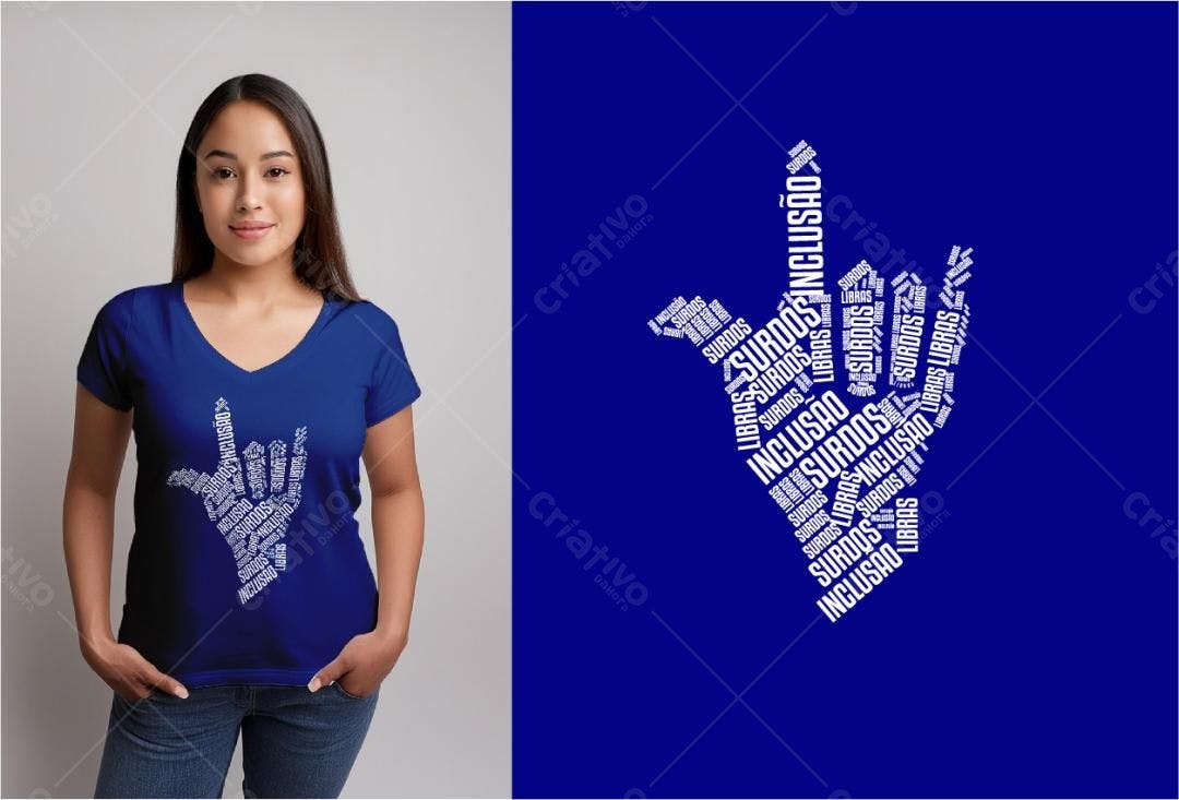 Mockup Camiseta Azul com Design de Mão em Libras