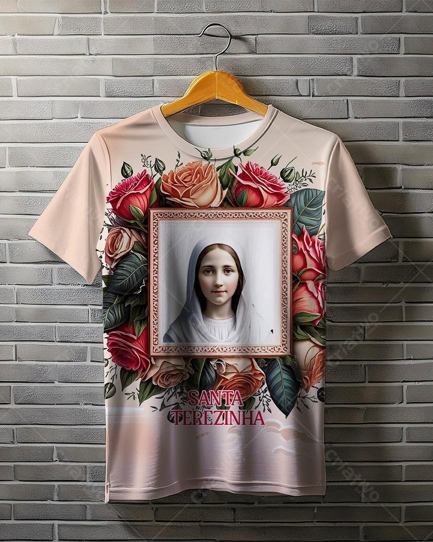 Mockup Camiseta Santa Terezinha - Rosas e tons pastel