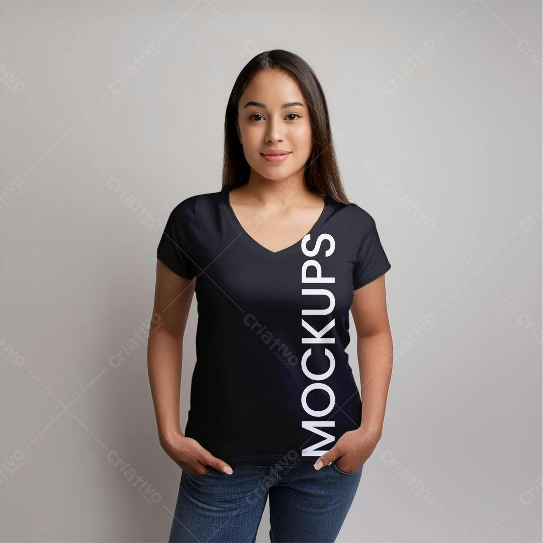 Mockup Camiseta Preta Gola V em Modelo Feminina