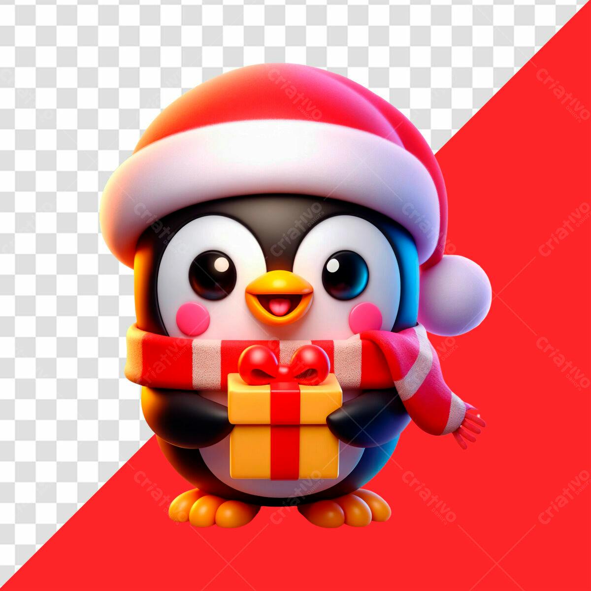 Pingüim Natalino com Presente PSD Editável
