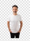 40 year old man, slightly gray hair, wearing white t shirt with happy expression