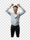 40 year old man, slightly gray hair, wearing a white shirt, with a happy expression, with his arms raised